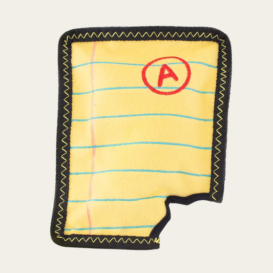 Durable Yellow Notepad Plush Dog Toy – "Dog Ate My Homework"