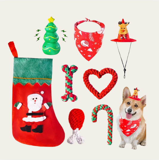 8-Piece Christmas Dog Toy Gift Set with Hat & Bandana